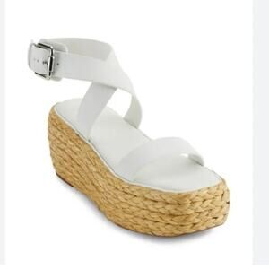 Donna Karan PURE Lolah White Leather Raffia Platform Wedge Sandals Ankle Wrap